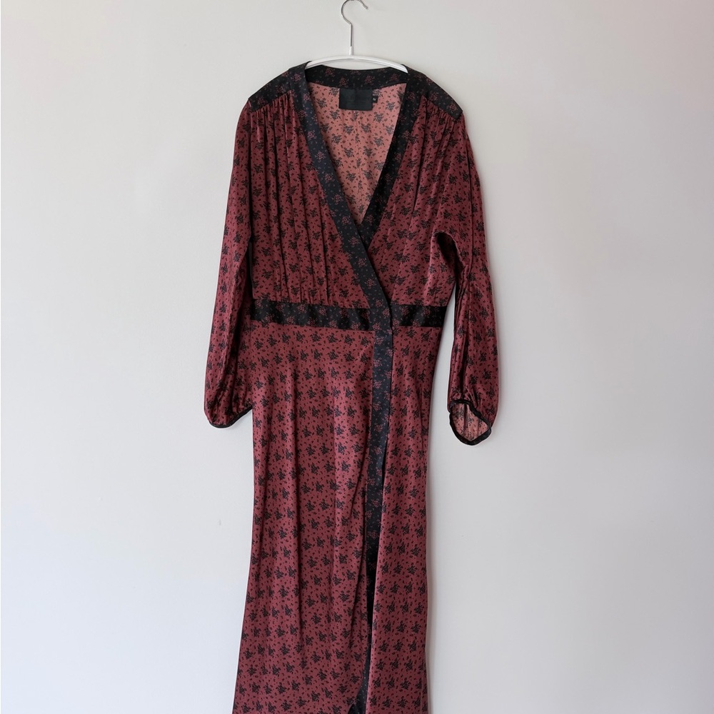 No. 6 Store Women’s Long Wrap 100% Silk Dress in Brown Floral M/2